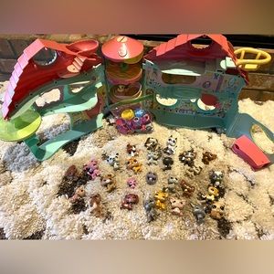 Lot of Littlest Pet Shop figures, accessories, and playhouse